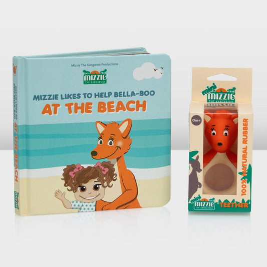 Entdecker-Set für Babys – Mini Mizzie Beißring & Mitmachbuch „At the Beach“ Mizzie The Kangaroo